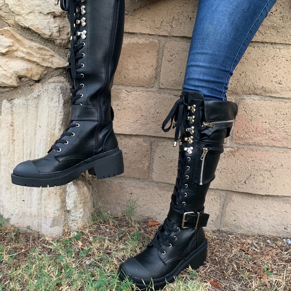 CHUNKY PLATFORM KNEE HIGH  CALF FAUX LEATHER BOOTS - Picture 5 of 8